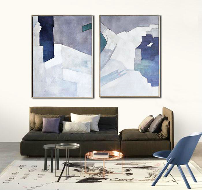 Abstract Painting Extra Large Canvas Art,Set Of 2 Contemporary Art On Canvas,Huge Abstract Canvas Art,White,Grey,Dark Blue.etc